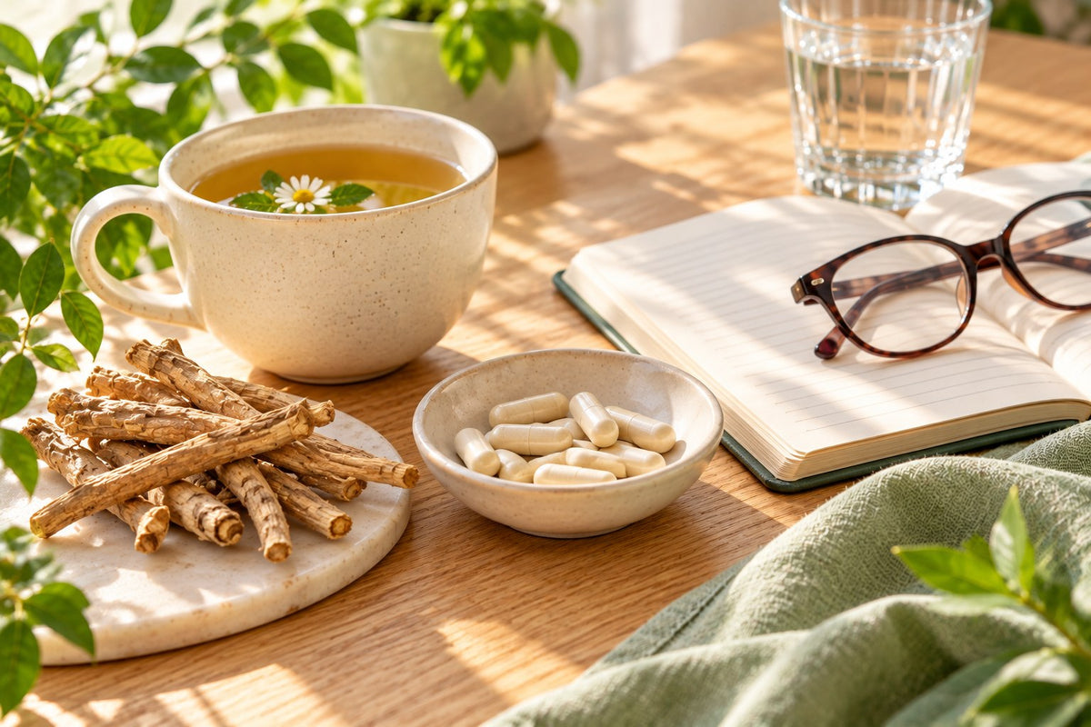 A cup of herbal tea, dried ashwagandha root, capsules, a notebook and reading glasses