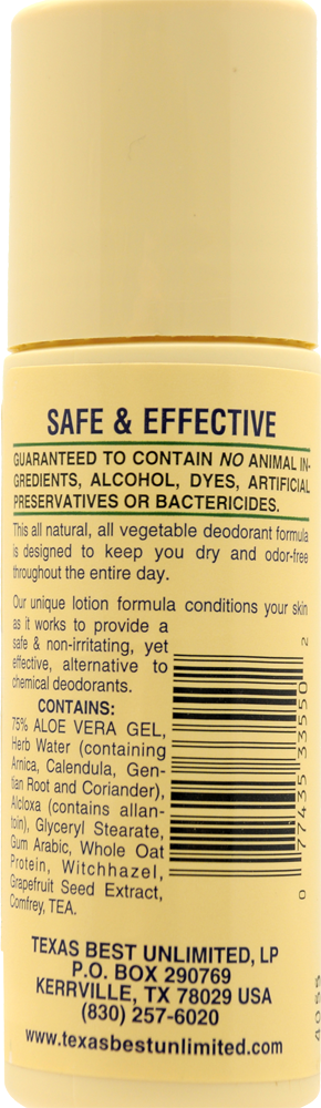 Alvera All Natural Roll-On Deodorant, Aloe Unscented - back of package