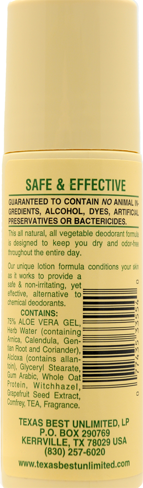 Alvera All Natural Roll-On Deodorant, Aloe Herbal - back of package