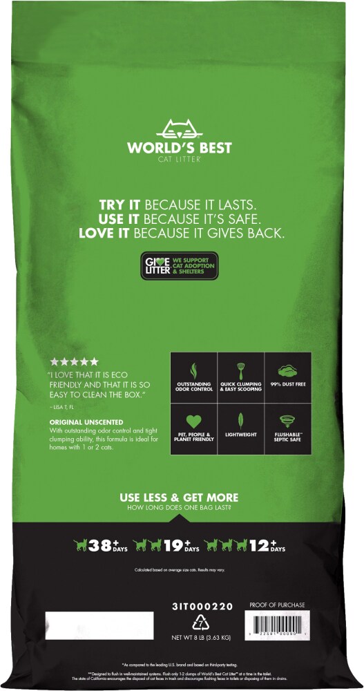World's Best Cat Litter Comfort Care Unscented - back of package