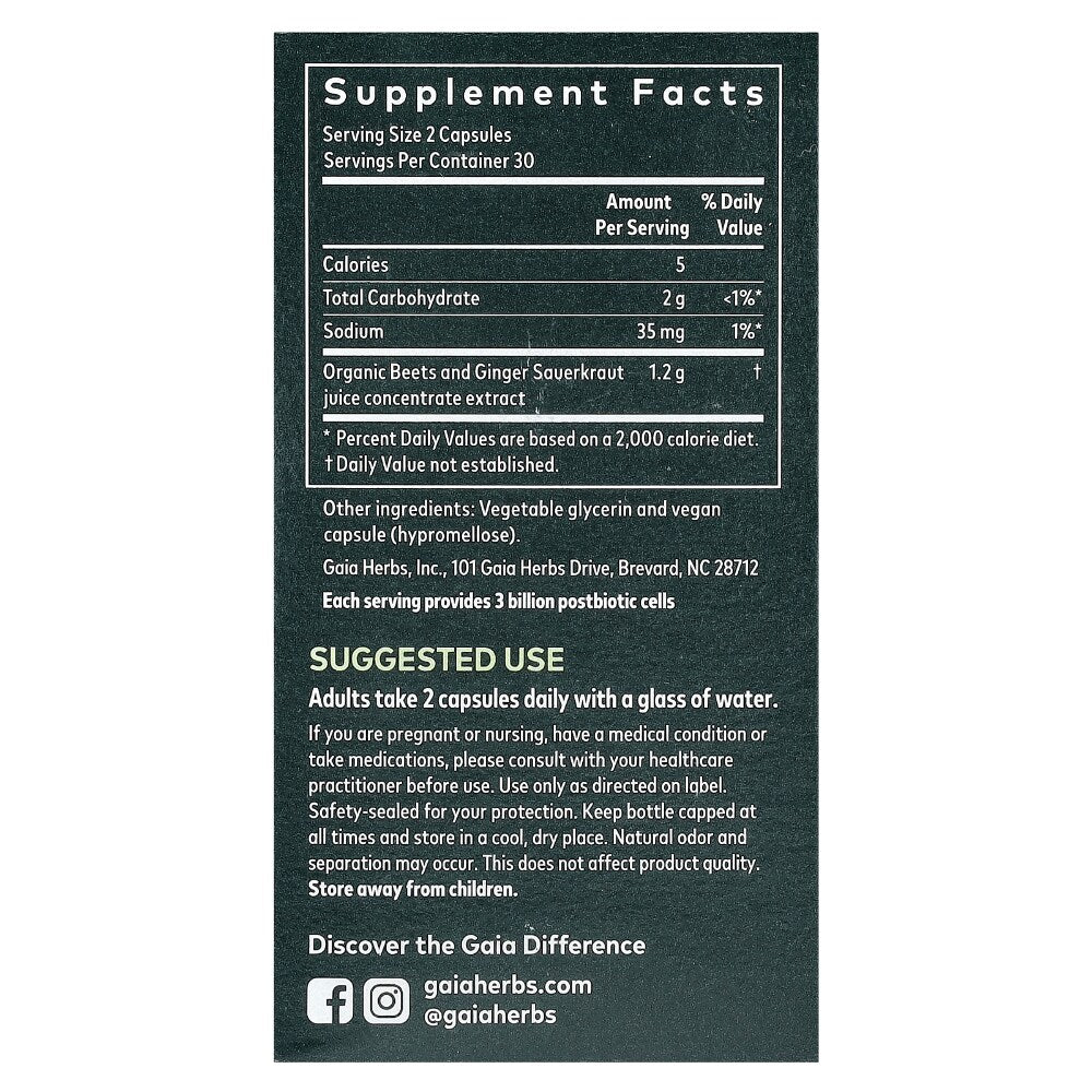 Gaia Herbs Ginger Beet Postbiotic Capsules - back of package