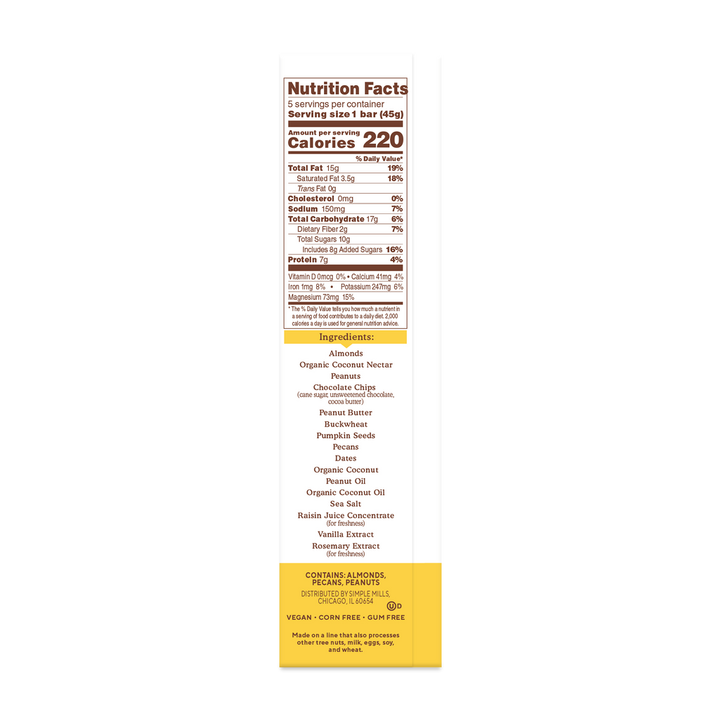 Nutrition Facts for Simple Mills Peanut Butter Chocolate Chip Trail Bar