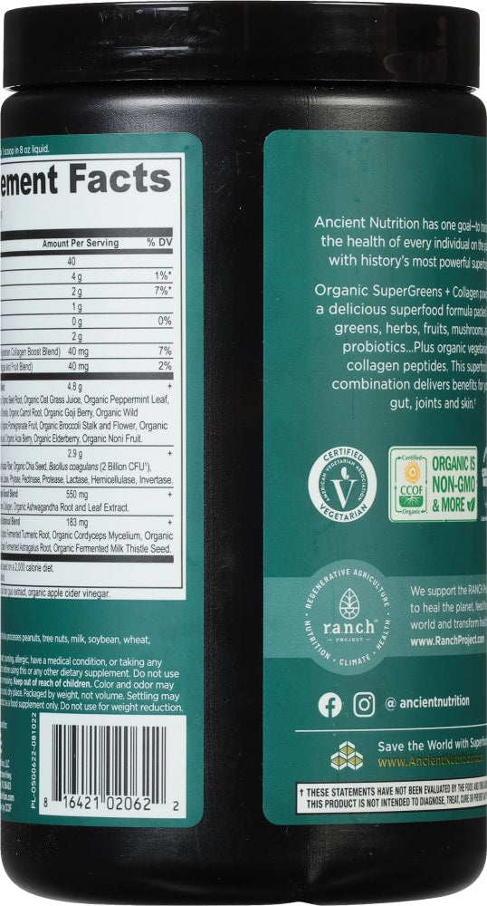 Ancient Nutrition Super Greens Collagen Powder Organic - back of package