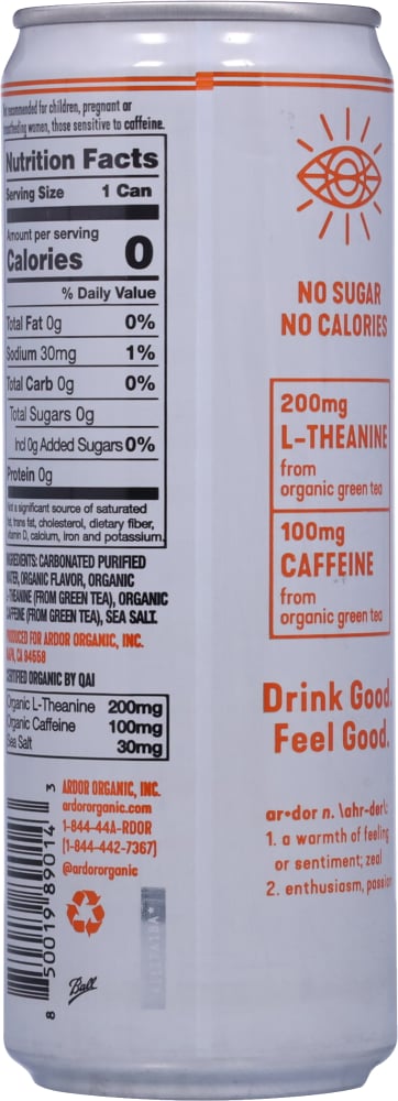 Ardor Organic Enhanced Sparkling Water - back of package