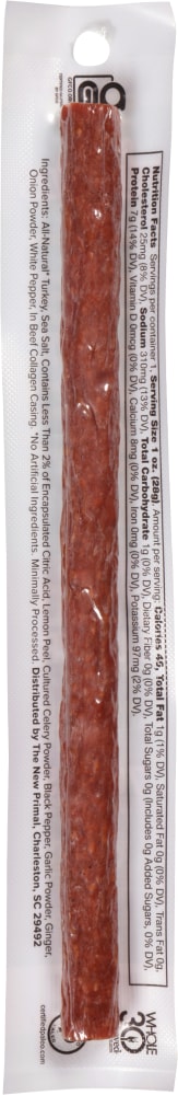 The New Primal Lightly Peppered Turkey Meat Sticks - back of package