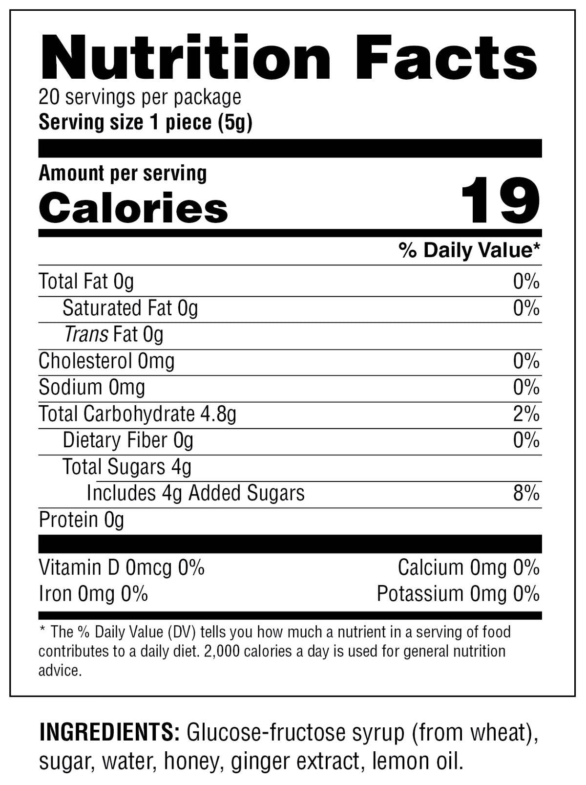 Nutrition Facts for Honees Honey and Ginger Drops