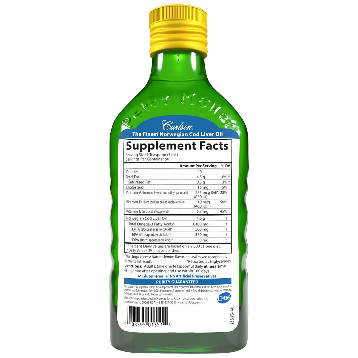 Supplement Facts for Carlson Labs Cod Liver Oil, Natural