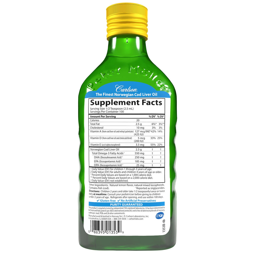 Supplement Facts for Carlson Labs Kid's Cod Liver Oil, Bubble Gum