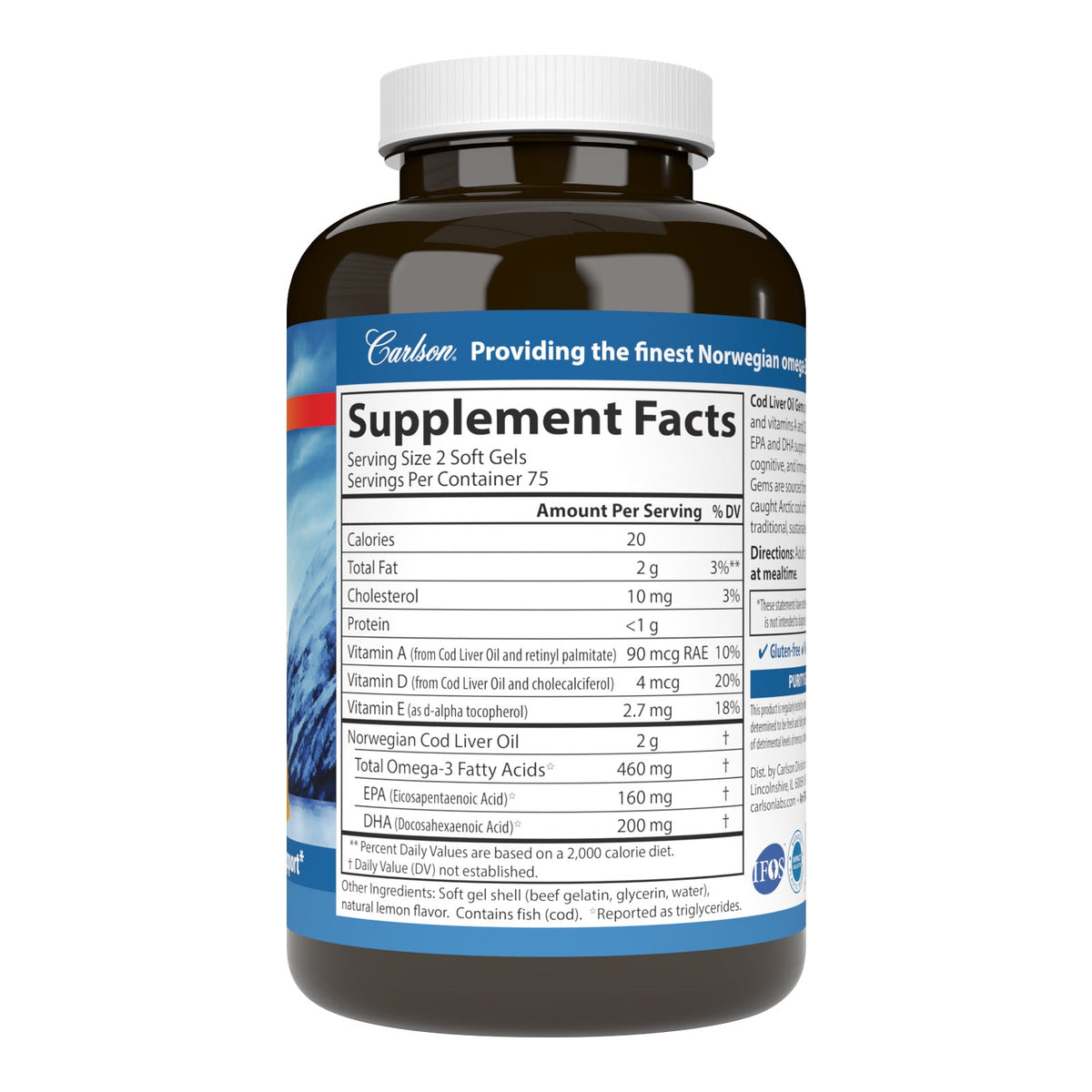 Supplement Facts for Carlson Labs Cod Liver Oil Gems