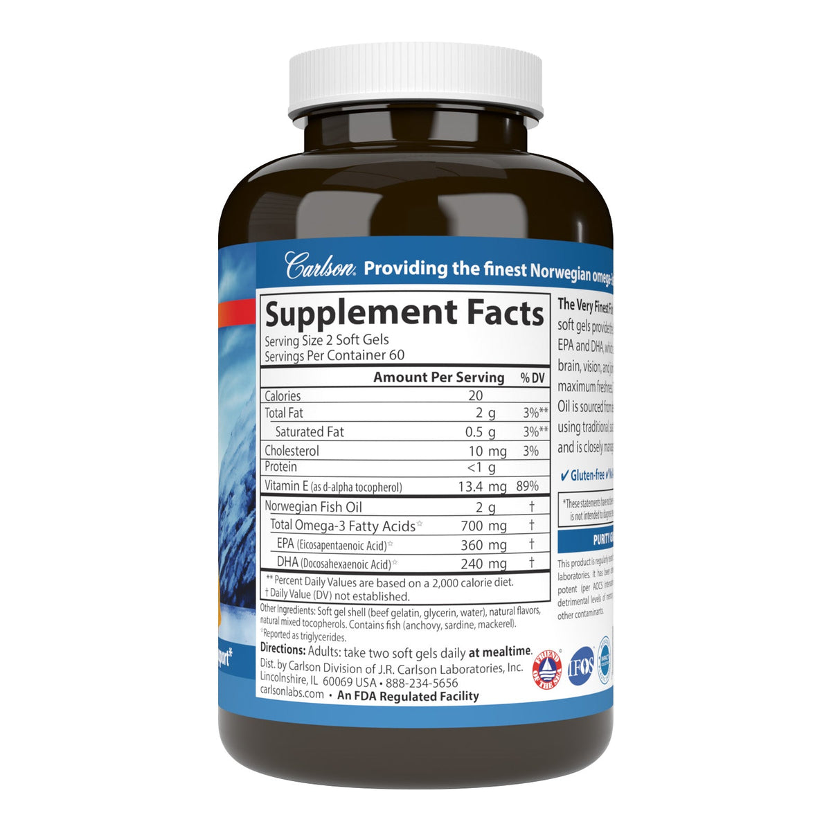 Supplement Facts for Carlson Labs The Very Finest Fish Oil Soft Gels, Orange