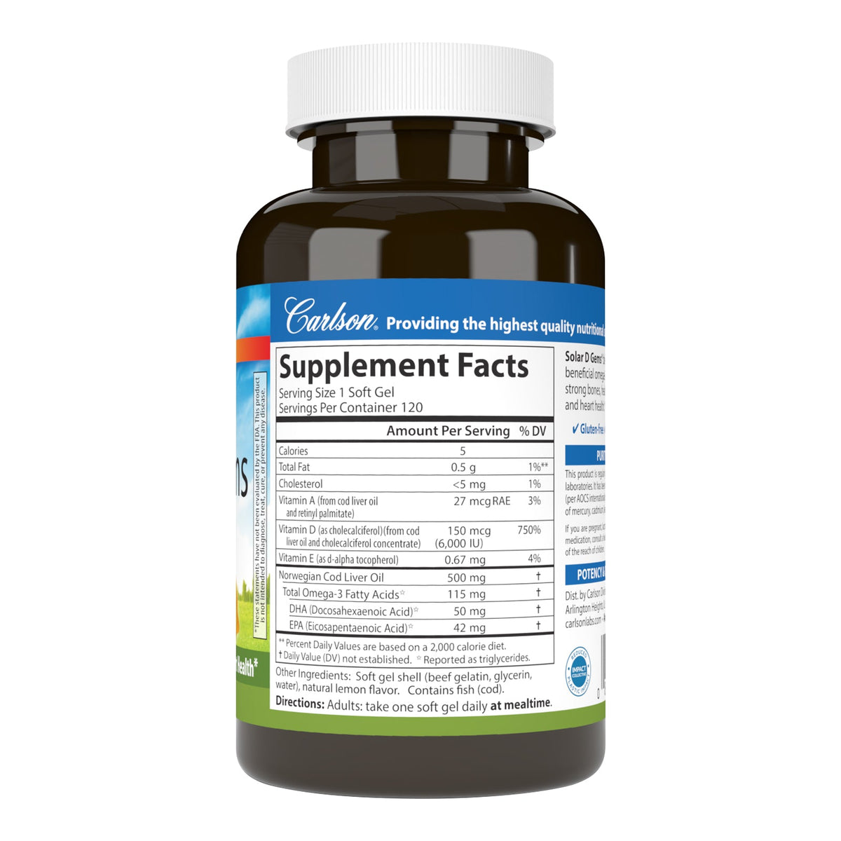 Supplement Facts for Carlson Labs Solar D Gems 6,000 IU (150 mcg)