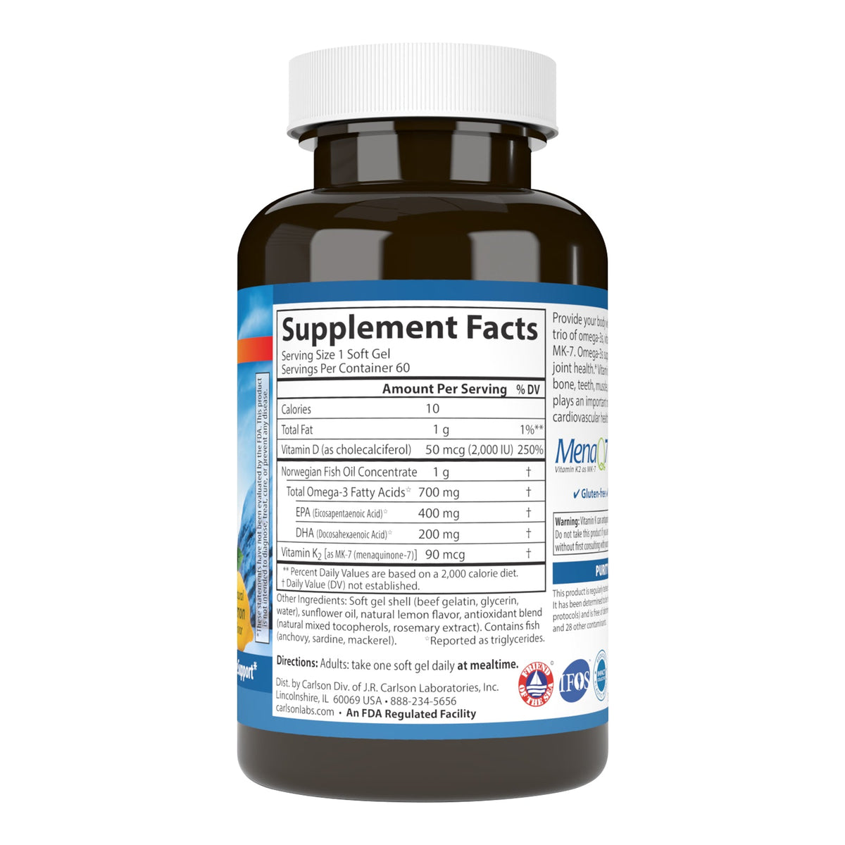 Supplement Facts for Carlson Labs Elite Omega-3 + D & K
