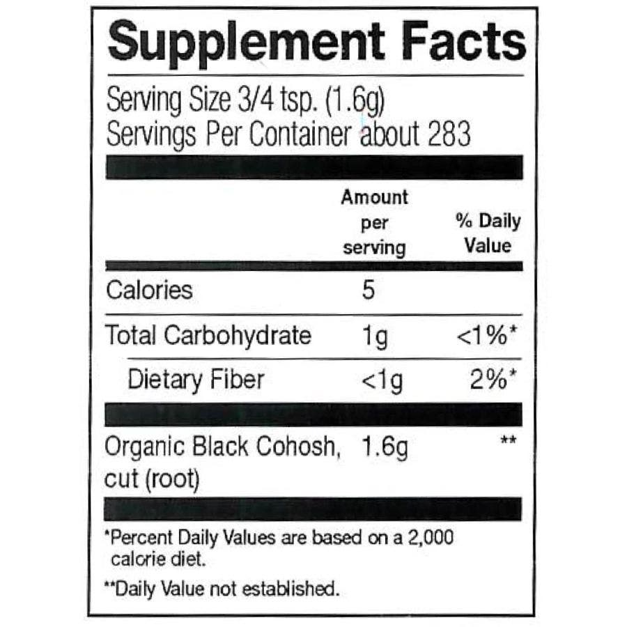 Nutrition Facts for Frontier Co-op Black Cohosh Root, Cut & Sifted, Organic