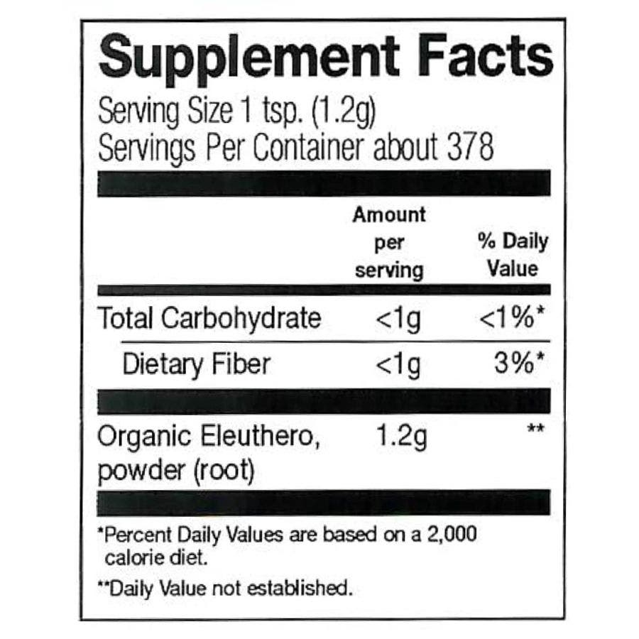 Nutrition Facts for Frontier Co-op Eleuthero Root Powder, Organic