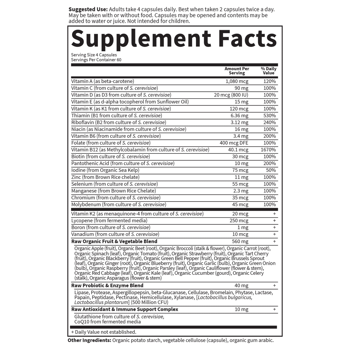 Garden of Life Vitamin Code Men Multivitamin - Supplement Facts - 240 CAPSULES