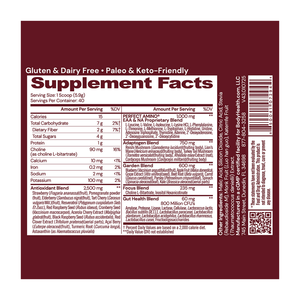 Supplement Facts for BodyHealth Perfect Reds Enhanced with Perfect Amino