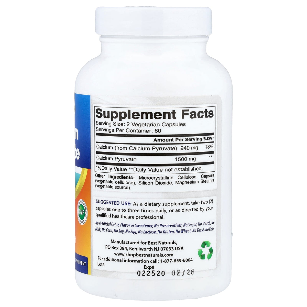 Supplement Facts for Best Naturals Calcium Pyruvate 750 mg