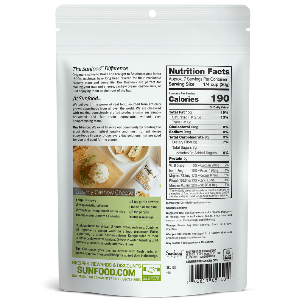 Cashews, Raw Organic Whole - Back label