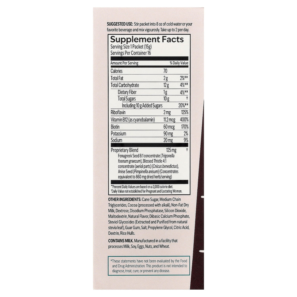 Supplement Facts for UpSpring Milkflow + Energy Drink Mix, Chocolate