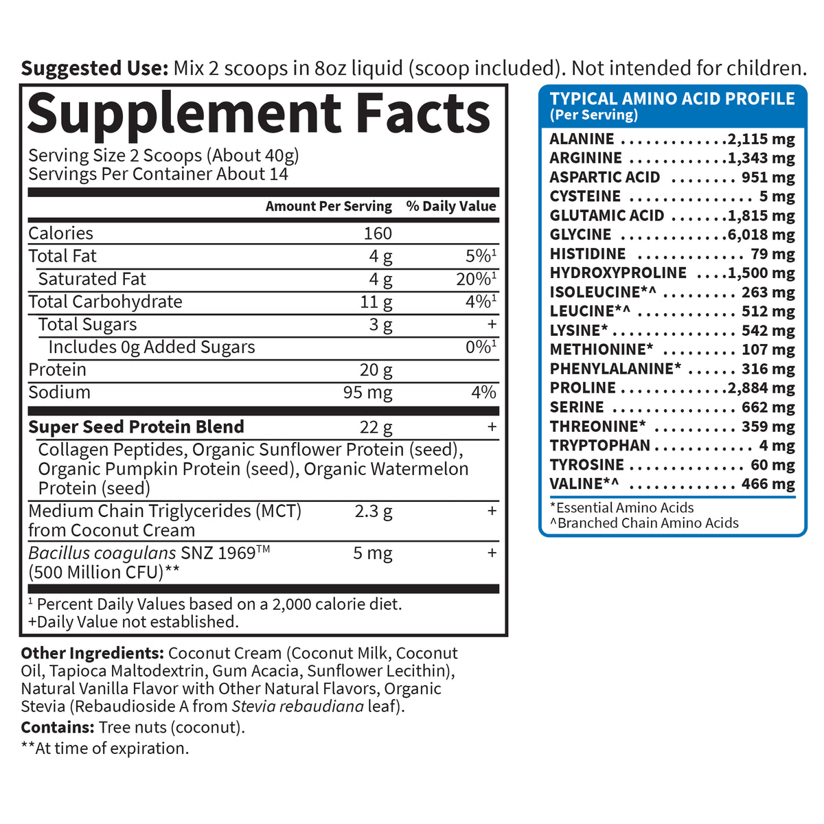 Garden of Life Grass Fed Collagen Protein Powder - Vanilla - Supplement Facts - 19.75 OZ