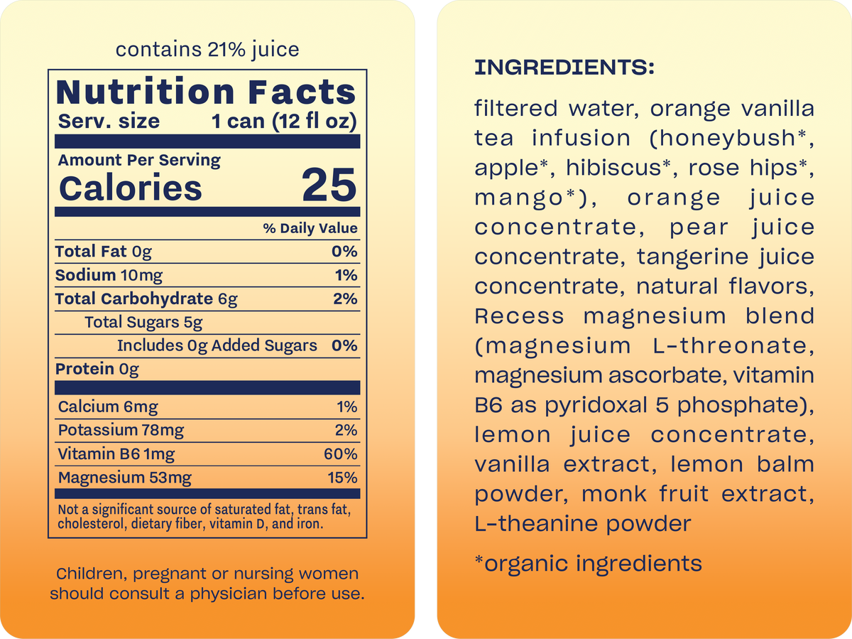 Recess Mood Sparkling Water, Orange Vanilla - Supplement/Nutrition Facts