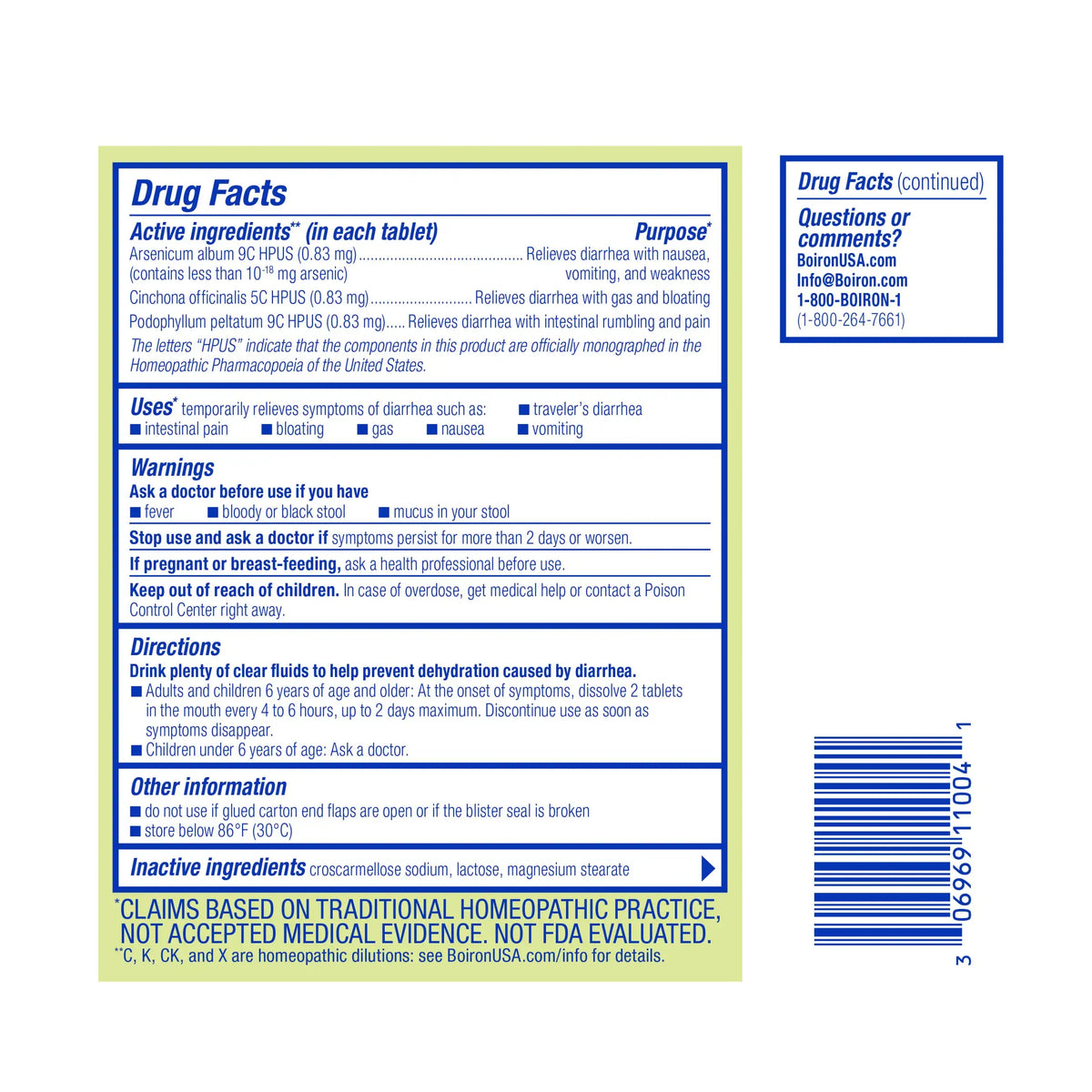 Drug Facts for Boiron DiarrheaCalm