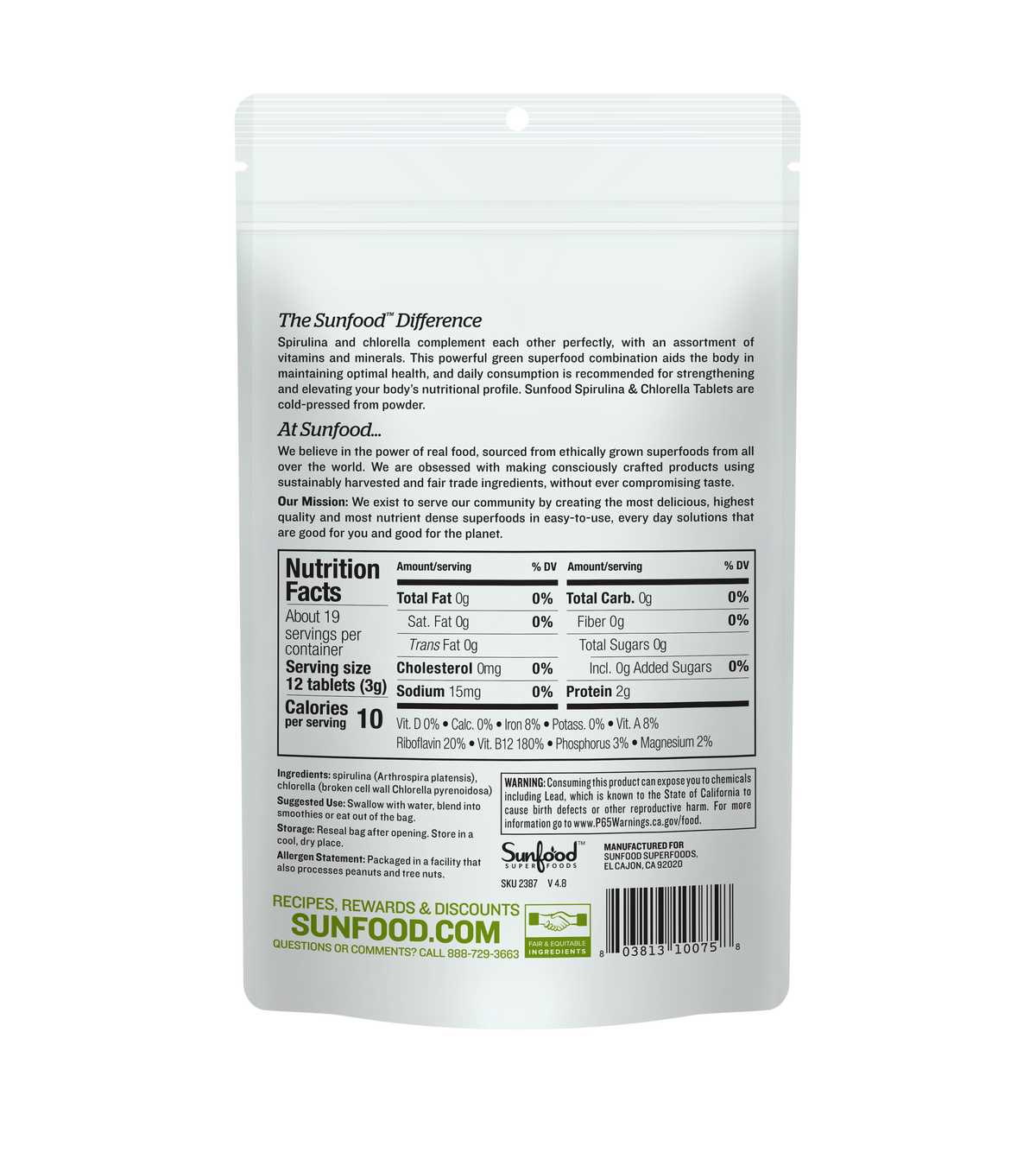 Spirulina & Chlorella Tablets - Nutrition Facts