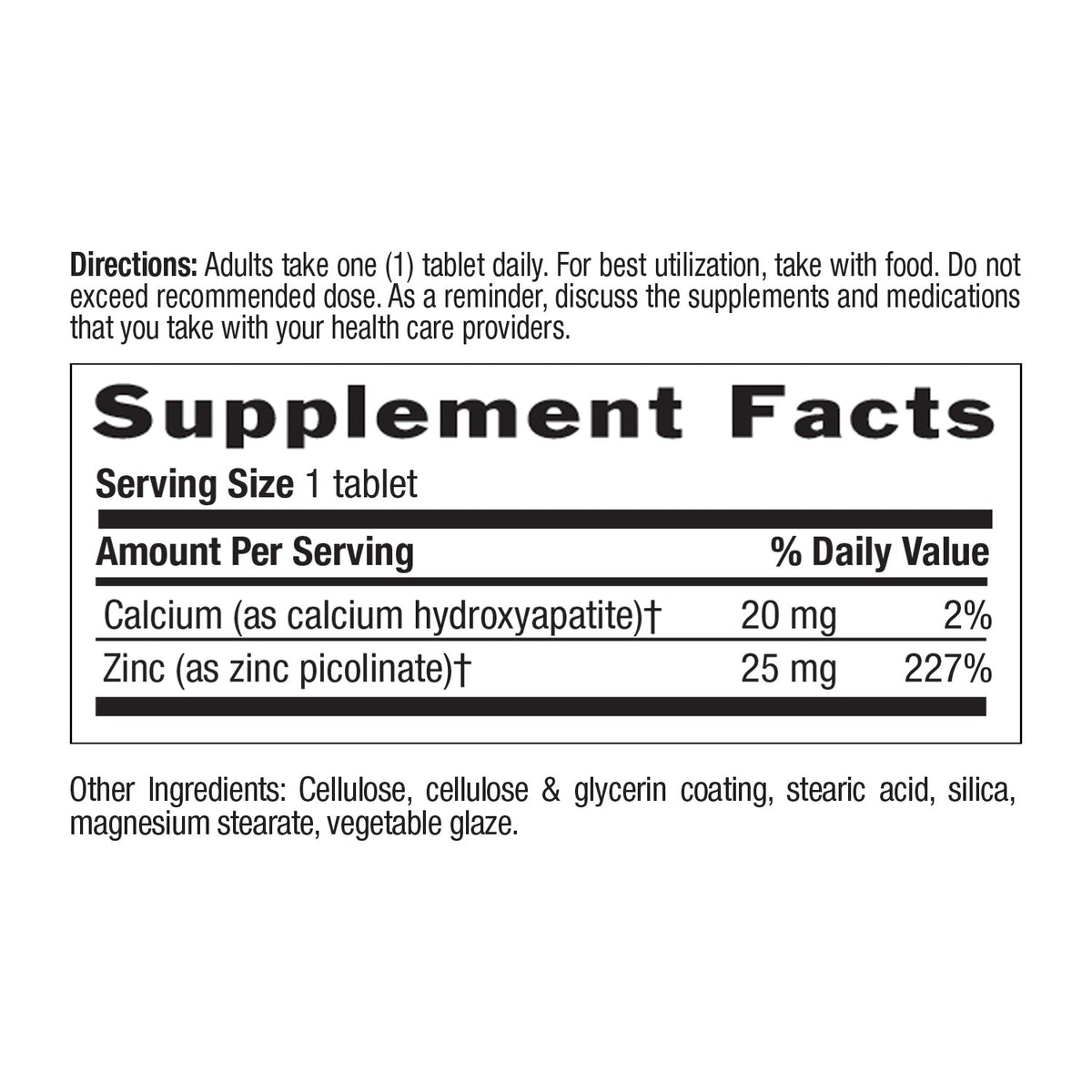 Supplement Facts for Country Life Zinc Picolinate 25 mg