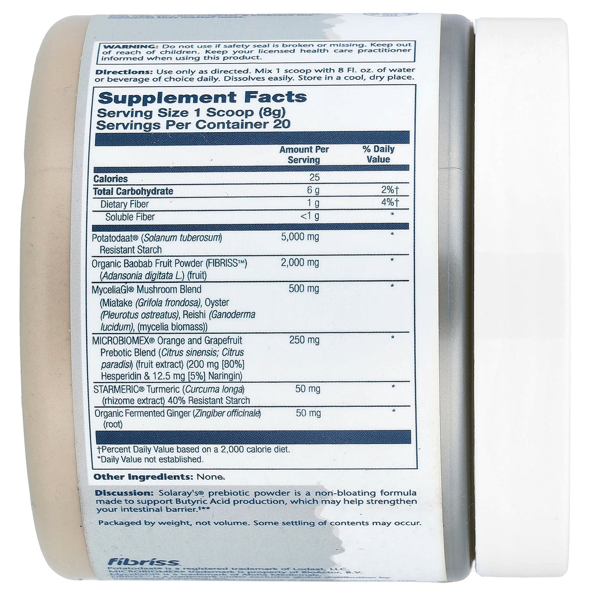 Supplement Facts for Solaray Mycrobiome Prebiotic Powder Unflavored