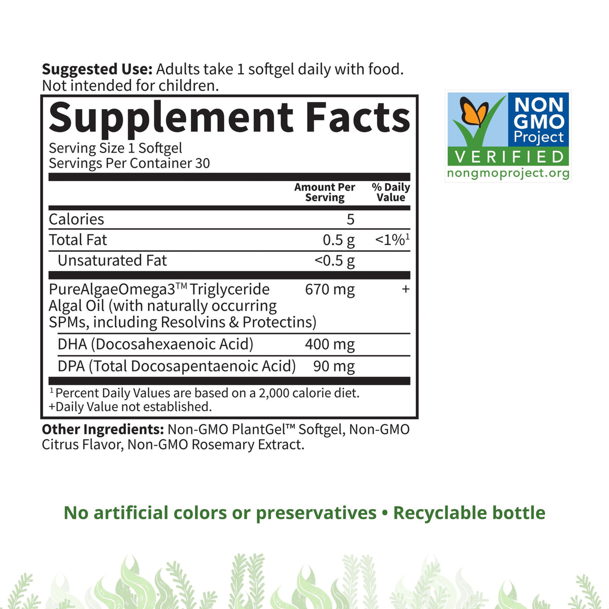 Garden of Life Dr. Formulated Vegan DHA Softgels - Supplement Facts - 30 SOFTGELS