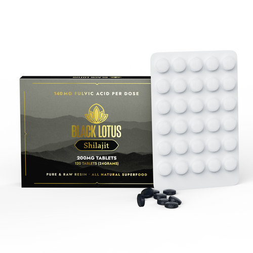 Black Lotus Pure Shilajit Tablets 120 count carton and blister pack