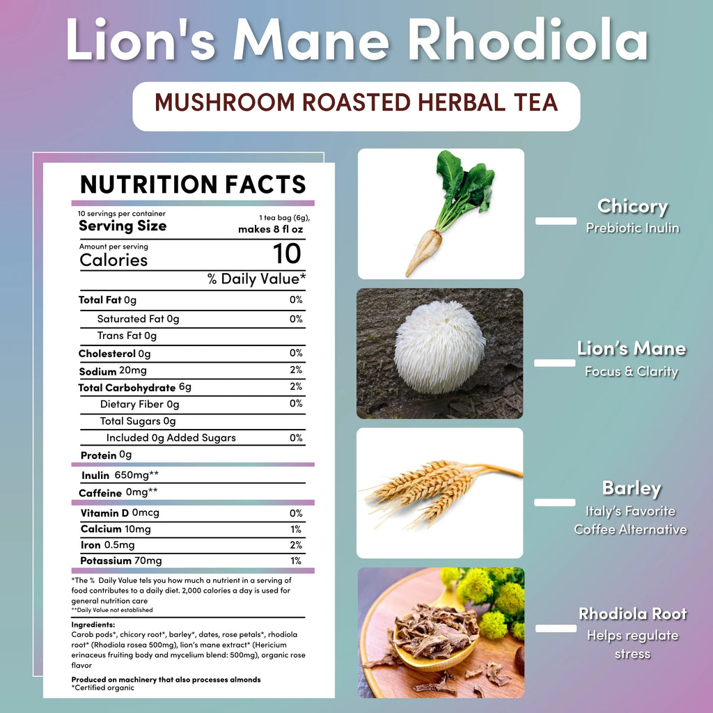 Nutrition Facts for Teeccino Lion's Mane Rhodiola Rose Mushroom Herbal Tea