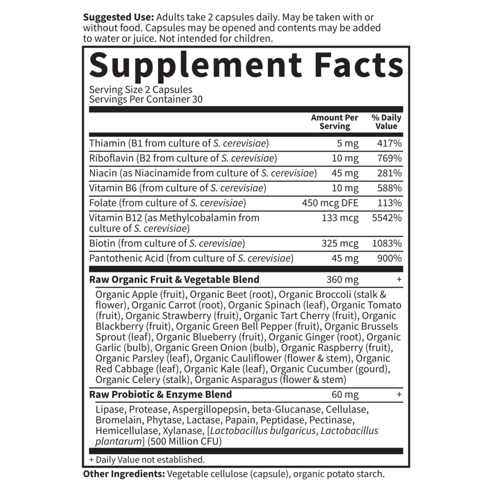 Garden of Life Vitamin Code Raw B-Complex - Supplement Facts - 60 TABLETS