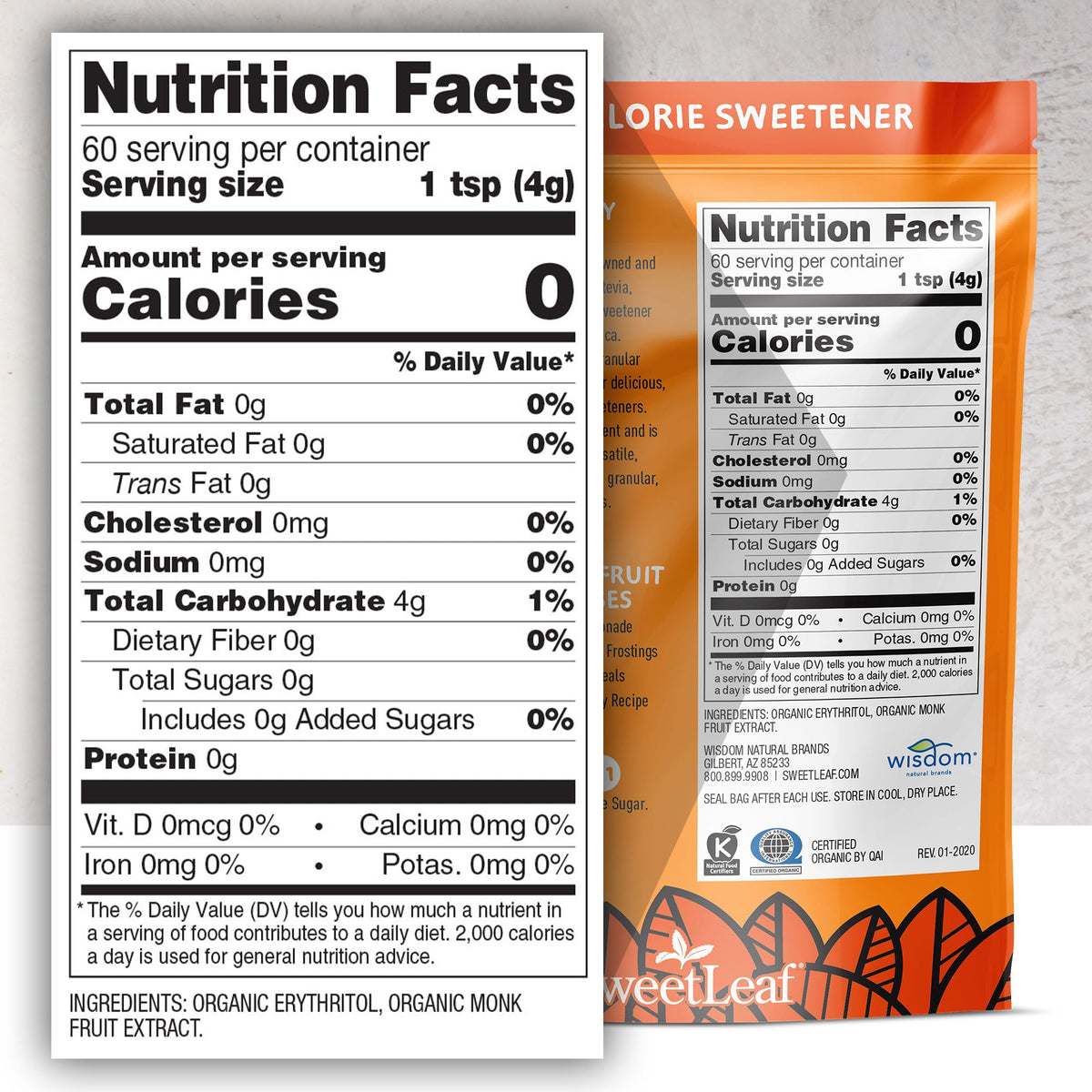Nutrition Facts for SweetLeaf Granular Monk Fruit Sweetener