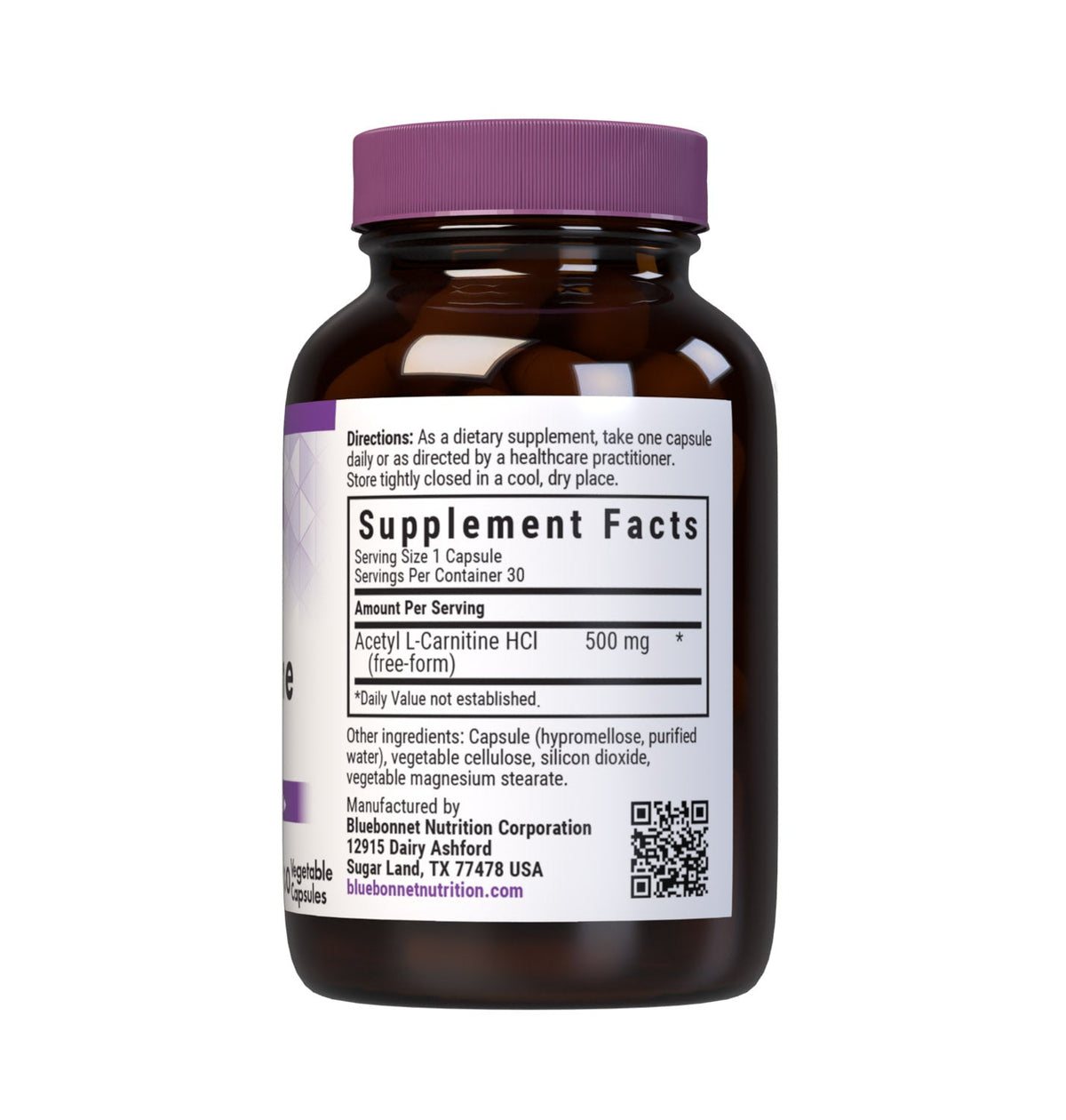 Supplement Facts for Bluebonnet Acetyl L-Carnitine 500mg