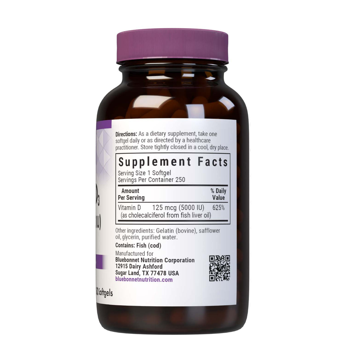 Supplement Facts for Bluebonnet Vitamin D3 5000IU From Fish