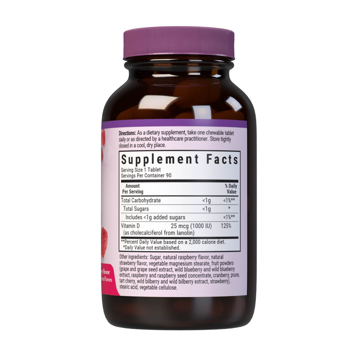 Supplement Facts for Bluebonnet EarthSweet Chewables Vitamin D3 1000 IU Raspberry