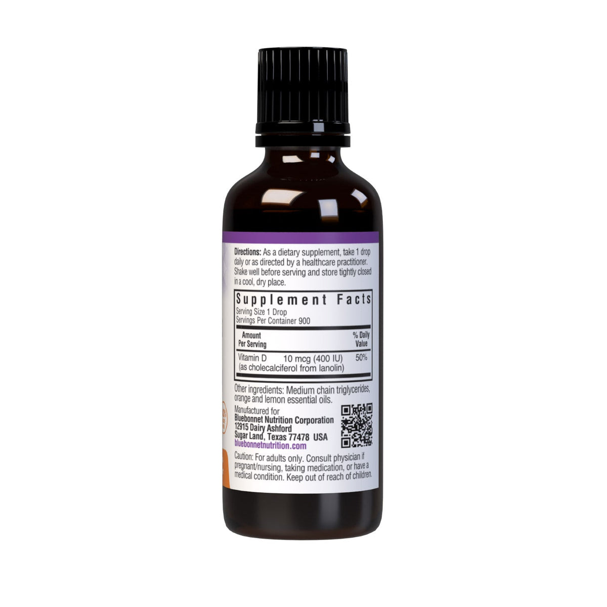Supplement Facts for Bluebonnet Liquid Vitamin D3 Drops 400IU