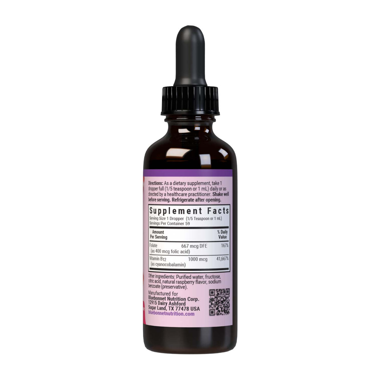 Supplement Facts for Bluebonnet Liquid Vitamin B12 1000 mcg & Folic Acid 400 mcg Raspberry