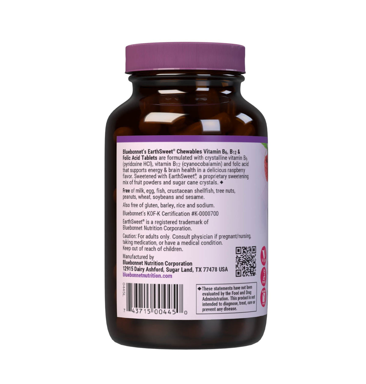 Bluebonnet EarthSweet Chewables Vitamin B6, B12 & Folic Acid Raspberry - additional view 1