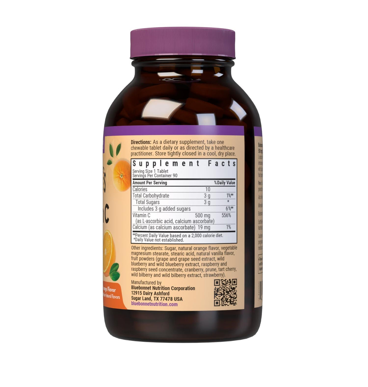 Supplement Facts for Bluebonnet Chewable Vitamin C 500mg, Orange