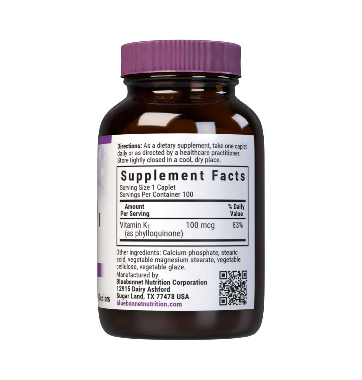 Supplement Facts for Bluebonnet Vitamin K1 100mcg