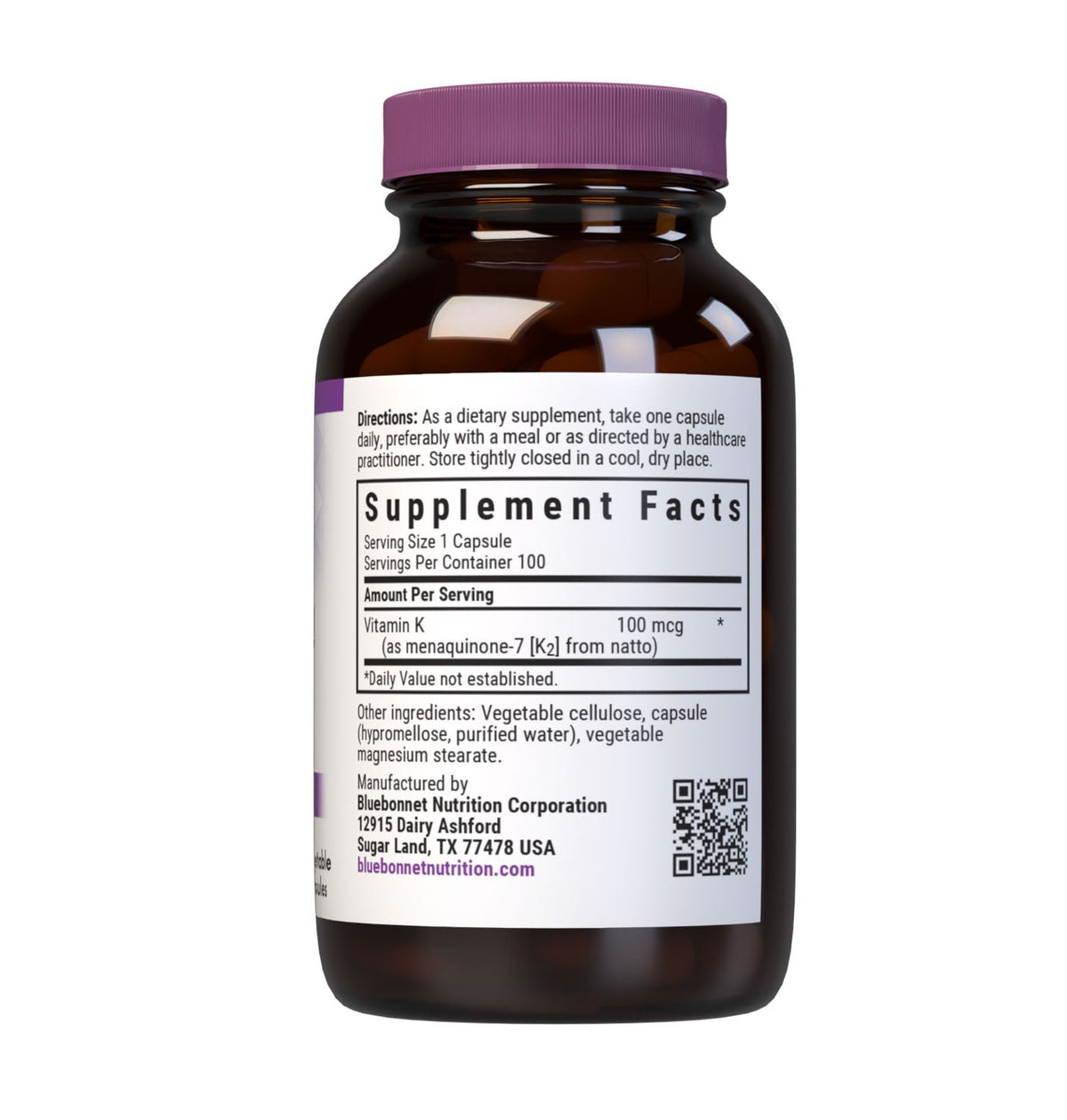 Supplement Facts for Bluebonnet Vitamin K2 100mcg