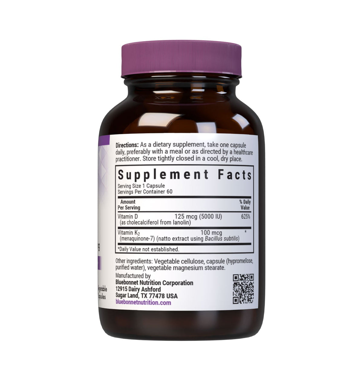 Supplement Facts for Bluebonnet Vitamin D3 & K2