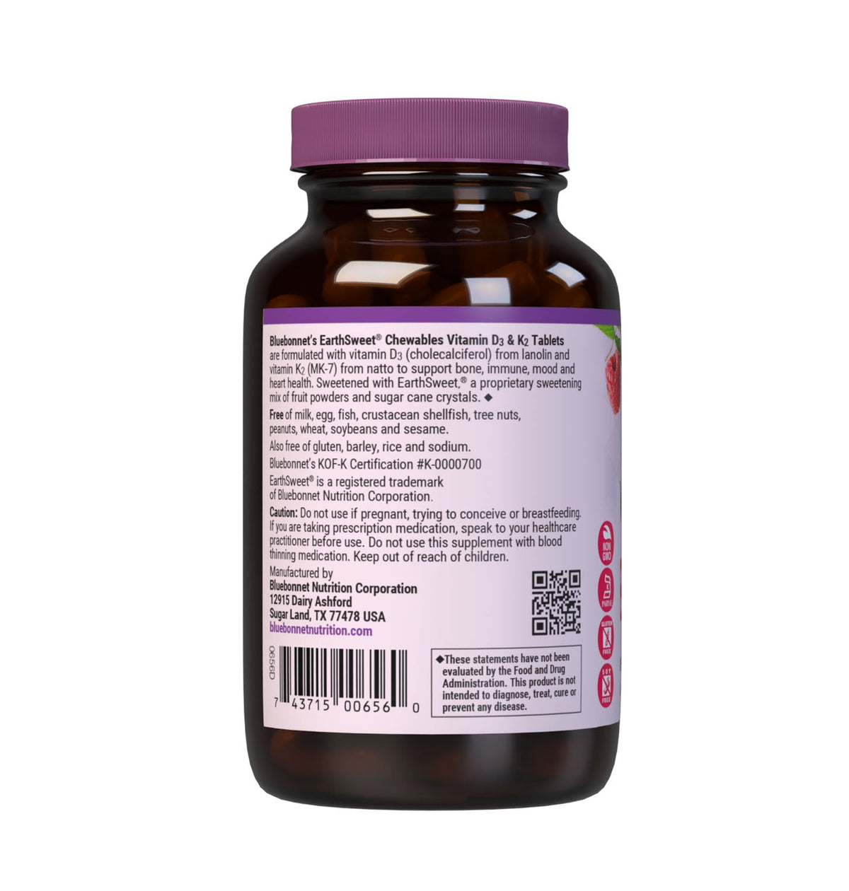 Bluebonnet EarthSweet Chewables Vitamin D3 5000 IU & K2 100 mcg Raspberry - additional view 1