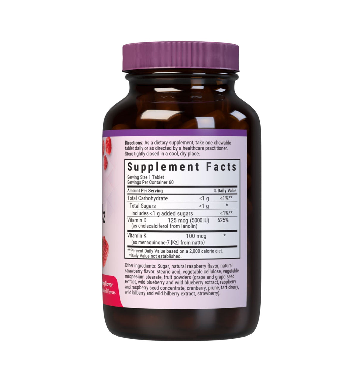 Supplement Facts for Bluebonnet EarthSweet Chewables Vitamin D3 5000 IU & K2 100 mcg Raspberry