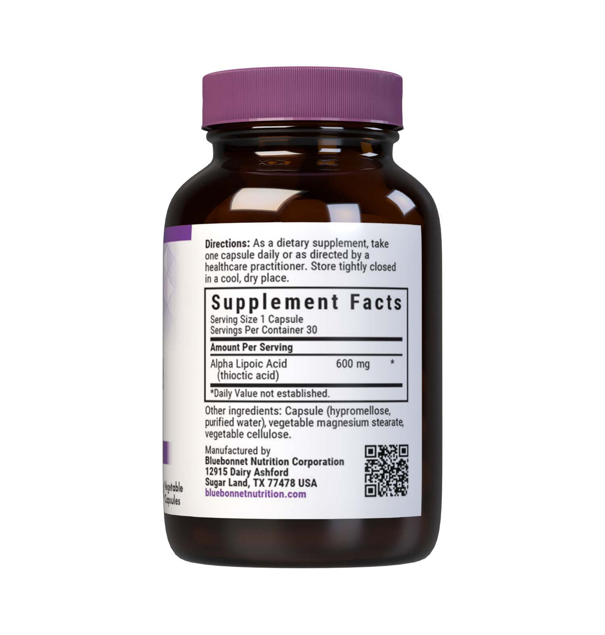 Supplement Facts for Bluebonnet Alpha Lipoic Acid 600mg
