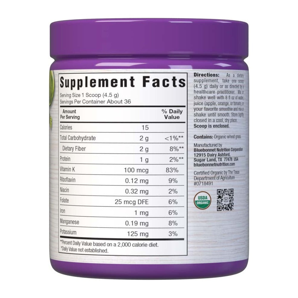 Supplement Facts for Bluebonnet Organic Wheat Grass Powder