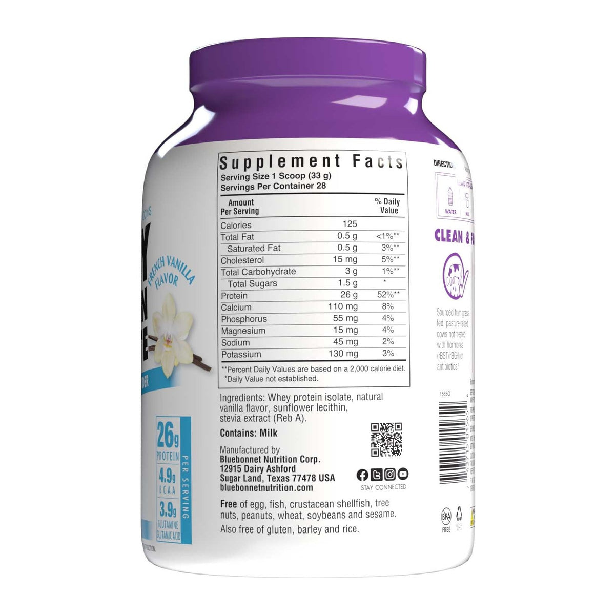 Supplement Facts for Bluebonnet Whey Protein Isolate, Vanilla