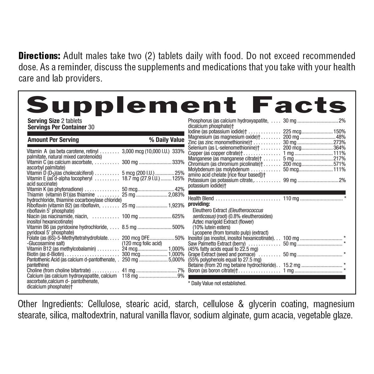 Supplement Facts for Country Life MAX For Men Iron Free Multivitamin